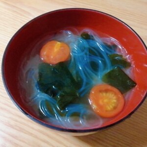 春雨ともやしとトマトとワカメの中華スープ